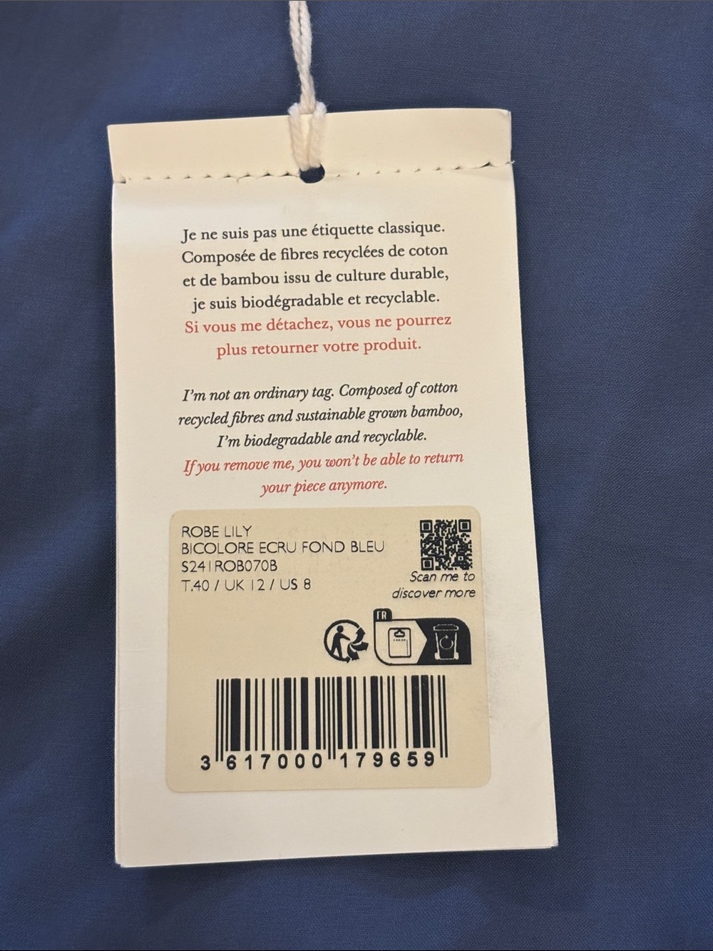 NWT Sézane Lily Dress in Ecru Fond Bleu FR 40 - Picture 4 of 4